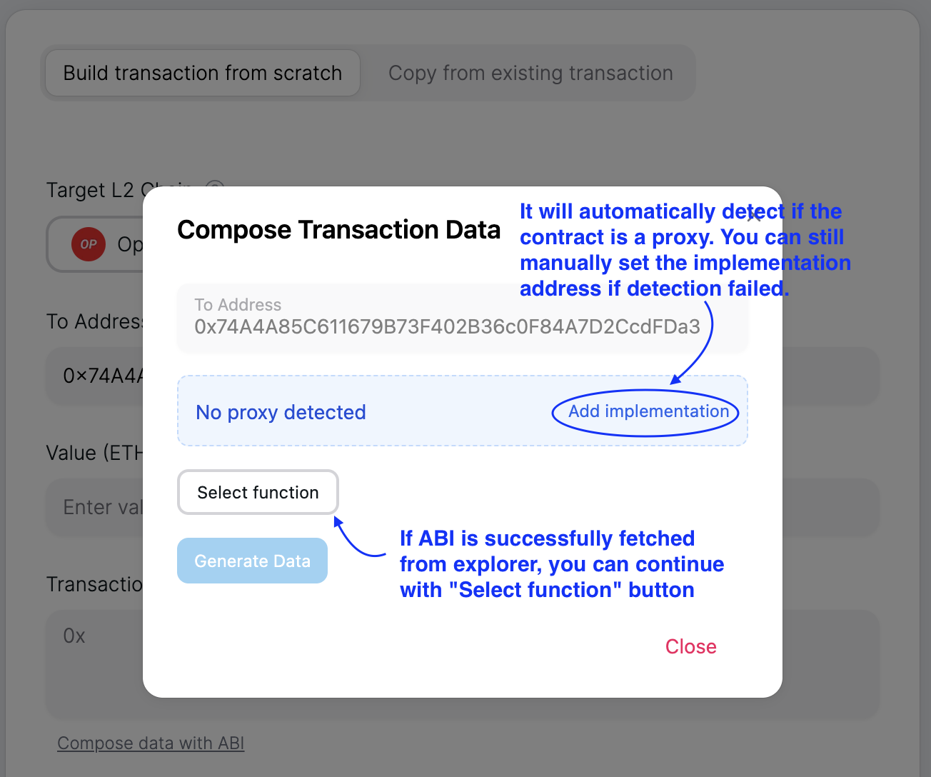Send Transaction - ABI auto fetched and Proxy